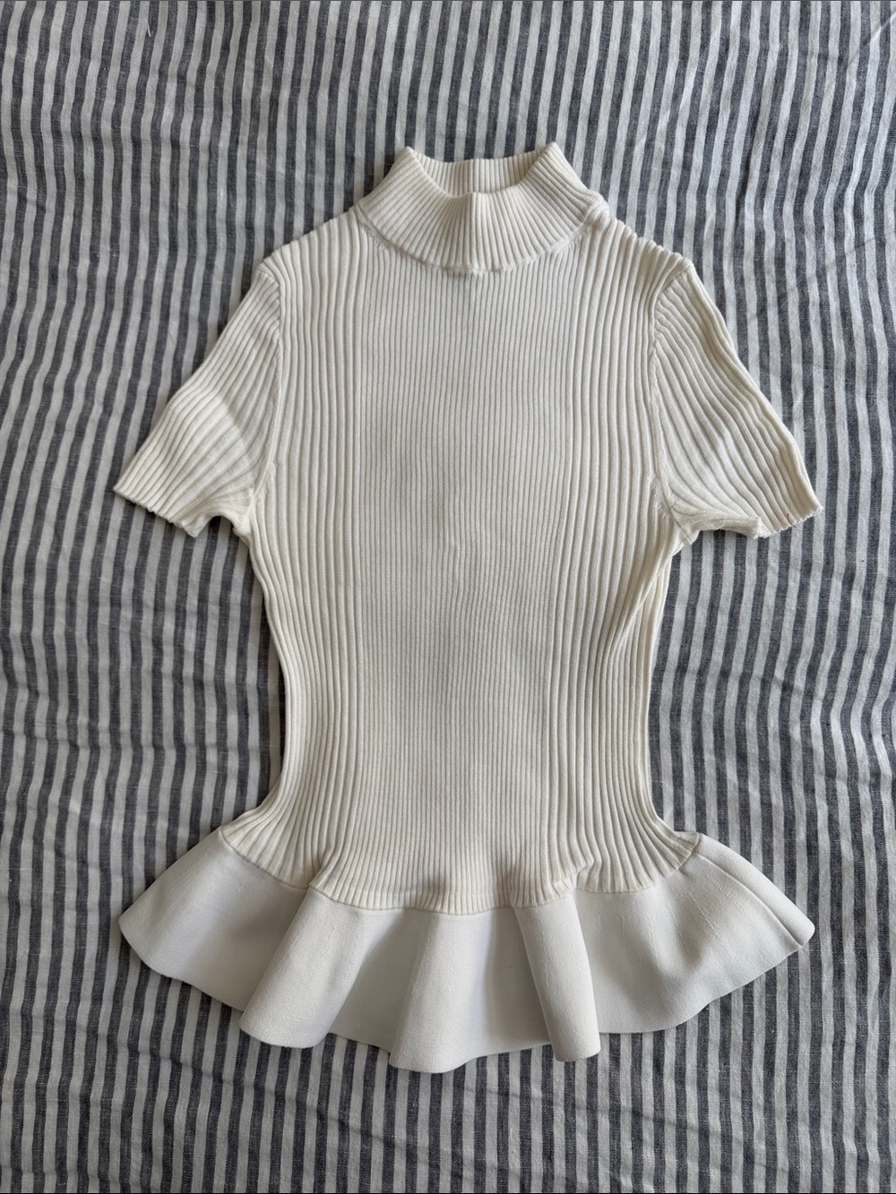 Alexander Wang Cream Ribbed Peplum Short-Sleeve Top
